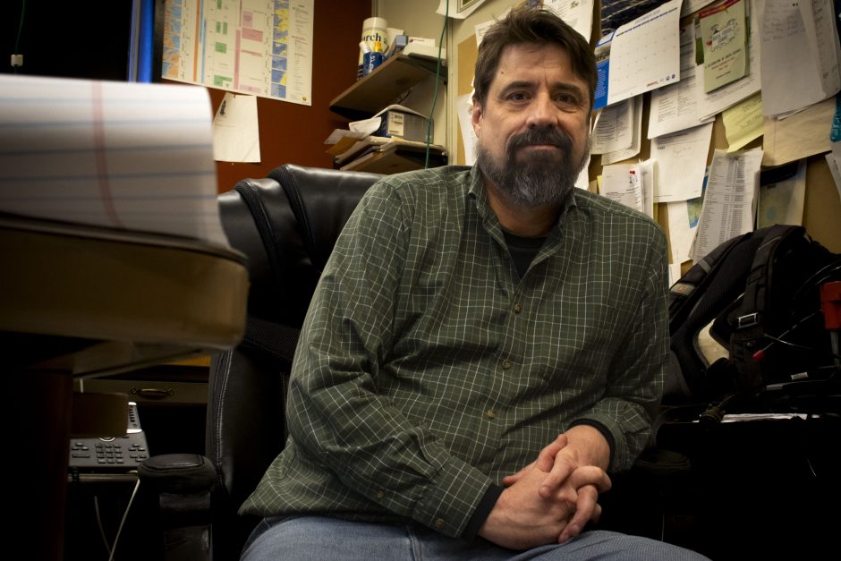 "Studying the Nature of the Earth, Under Earthquakes; Eric Sandvol, professor of geological sciences, sits in his office at the University of Missouri on Friday, April 7, 2023. At the end of April 2023, Sandvol and colleagues will travel to Turkey to place seismic sensors along the East Anatolian fault, one of Turkey’s two main earthquake zones, to record ground motion so they can study the properties of the energy waves produced by these earthquakes. Pate McCuien/University of Missouri."