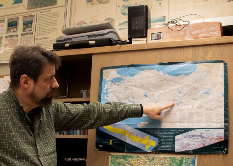 Studying the Nature of the Earth, Under Earthquakes; Eric Sandvol, a professor of geological sciences at the University of Missouri, points on a map of the country of Turkey where a team of scientists from MU, Georgia Tech and the Scientific and Technological Research Institution of Turkey (TUBITAK) will place 250 seismometers called nodes in and around the area of the East Anatolian fault sometime in late April 2023. Pate McCuien/University of Missouri