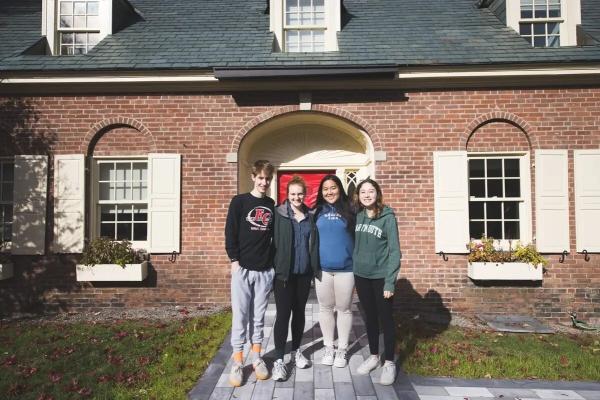"Making Montgomery House More Energy Efficient; Nathaniel Roe ’23, Adelina Sederman ’23, Kaulana Kanno ’23, and Sophie Edelman ’22 outside of Montgomery House in late October when they were doing an energy audit. (Photo by Katie Lenhart)"