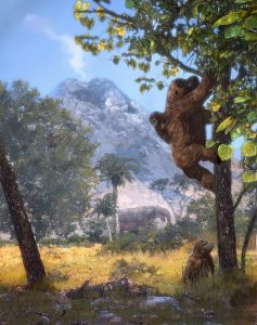"New Evidence Suggests Apes Became Upright Because of Leaf – Not Fruit – Picking; Artistic rendering of the open woodland habitat reconstruction at Moroto II with Morotopithecus bishop, vertically climbing with an infant on its back and a juvenile below. An active volcano (Mount Moroto) is in the background; a fossil relative of an elephant is foraging in the center, back. Credit: Corbin Rainbolt"