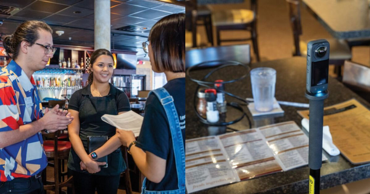 "It makes us feel powerful: Unlocking VR's potential for people with autism; Anthony Nappi of the E-Learning, Technology and Communications team (left) and Irene Kao, an educational technology master’s student (right), direct Piesano’s server Kristina Bukas-Johnson (center) in a 360-degree video of typical restaurant interactions. The team’s immersive simulations enable autistic people to explore an environment virtually before going there in person."