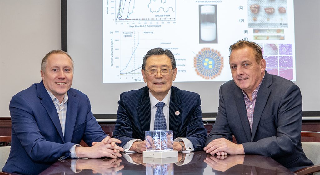 "Anti-Cancer Agent Developed at SBU Shows Great Promise Against Tumors; Pictured: Iwao Ojima (center), Sean Boykevisch, director of Stony Brook’s Intellectual Property Partners (left) and James E. Egan, CEO of TargaGenix. Photo Credit: John Griffin, Stony Brook University"