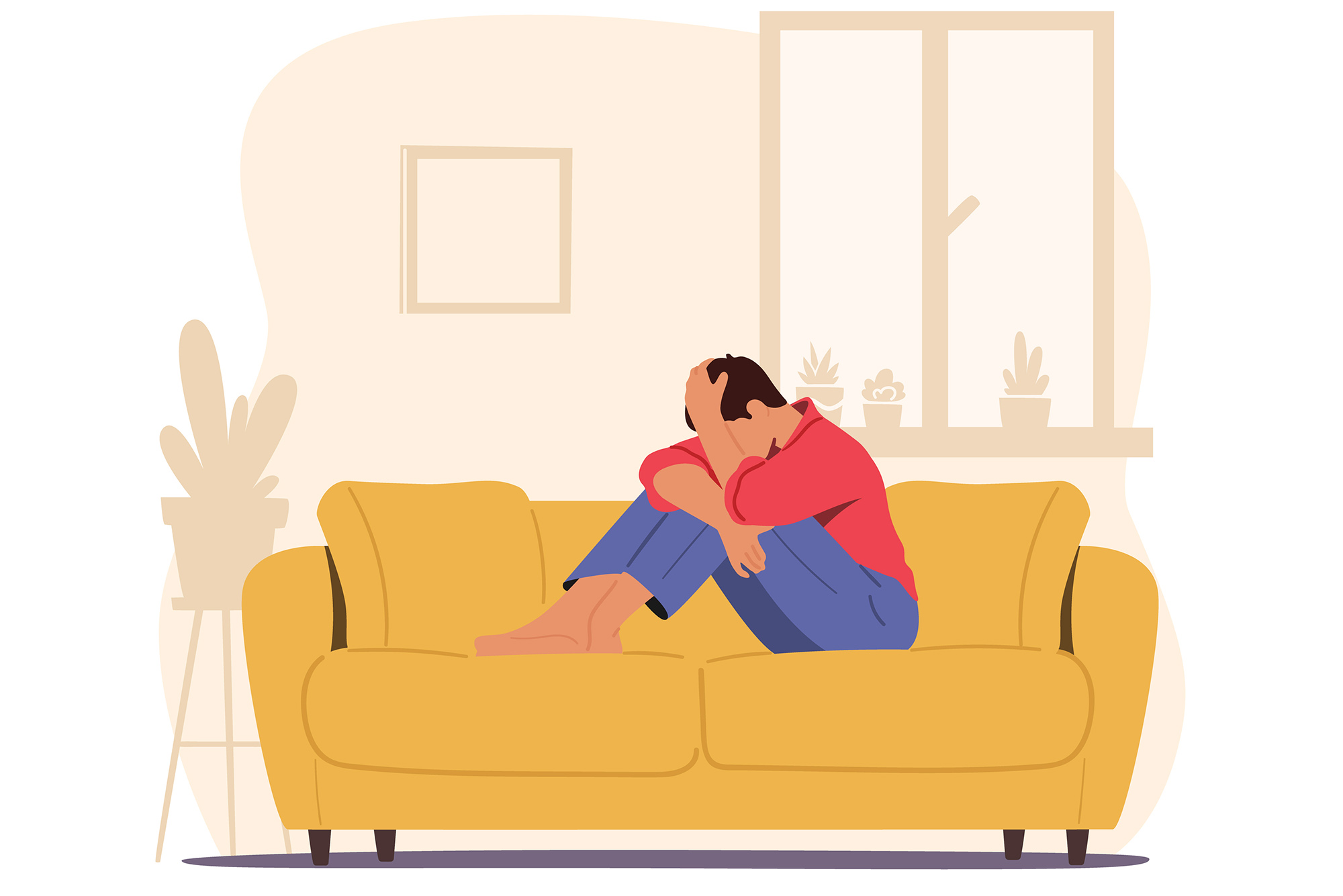 Researchers Identify Brain Marker Indicating Future Suicide Risk; Stock Illustration of a frustrated, upset man with head in hand sitting on couch