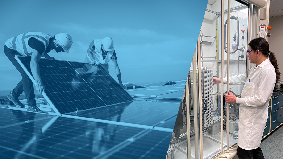 Researchers and Collaborators Developing New Technologies for Recycling Solar Panels; Top left photo: Team of two engineers installing solar panels on roof. Credit: iStock.com/ArtistGNDphotography Top right photo: Hongda Zhu, postdoctoral scientist at KU’s Center for Environmentally Beneficial Catalysis, prepares a laboratory reactor for processing material samples.