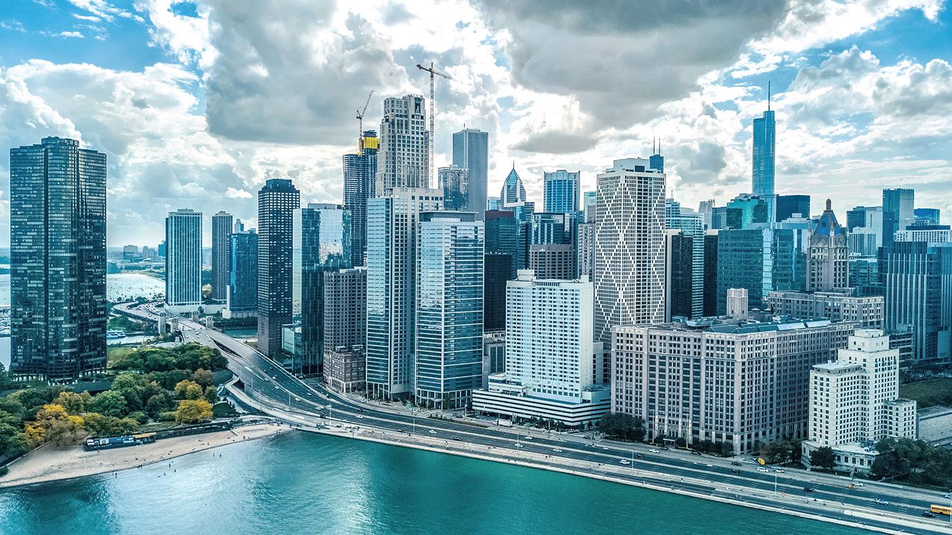 Energy-saving material can cool or heat buildings; Picture of Chicago Skyline