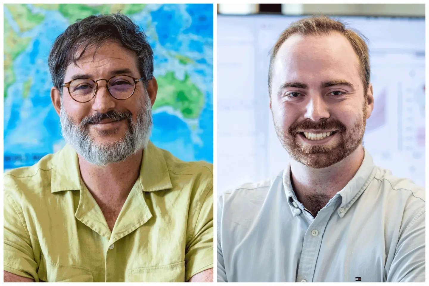 "In Years After El Niño, Global Economy Loses Trillions; Geography professor Justin Mankin, left, and Christopher Callahan, Guarini ’23. (Photos by Lars Blackmore)"