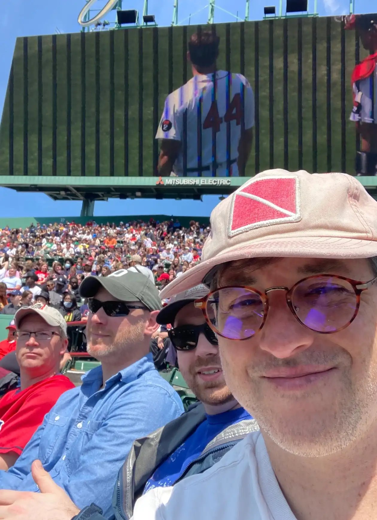 "Spike in Major League Home Runs Tied to Climate Change; From left: Dartmouth researchers Jeremy DeSilva, Nathaniel Dominy, Christopher Callahan, and Justin Mankin attend a game at Fenway Park during their study. (Photo by Justin Mankin)"