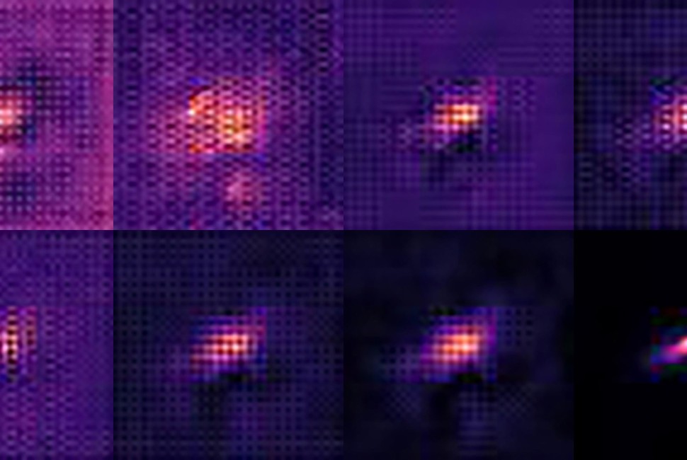 AI algorithm unblurs the cosmos; Photo: To remove the atmosphere from an image, the process pushes the starting image through eight layers of network, generating eight intermediate images. Earliest image is top left, and final image is bottom right.