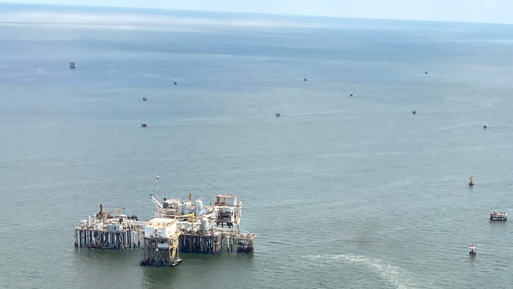 Gulf offshore oil and gas production has double the climate impact as inventories report; This photo shows a central hub collecting oil and gas from surrounding smaller satellite production platforms