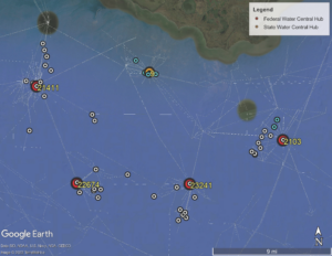"; Central hub facilities in the Gulf of Mexico, shown in large red and orange circles, are multi-platform complexes that collect oil and gas via pipelines from surrounding, smaller production platforms for processing. This map shows how they are linked. White circles represent platforms in federal waters and blue circles those in state waters. White lines show pipelines"
