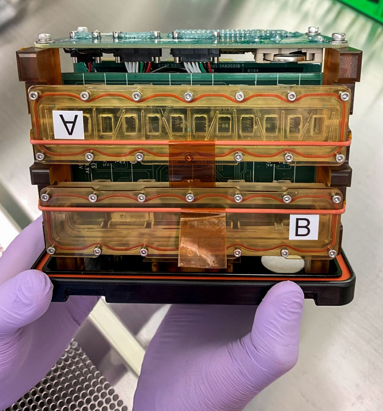 "Researchers launch heart tissue to the International Space Station to help cardiac patients on Earth; Tissue chambers loaded into a plate habitat designed for research aboard the ISS. Photo: Deok-Ho Kim and Devin Mair, Johns Hopkins Medicine."