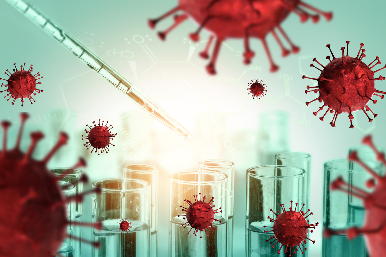 New Class of Drugs Could Be Therapeutic Against COVID-19 Variants; Scientist in laboratory study and analyze scientific sample of Coronavirus antibod