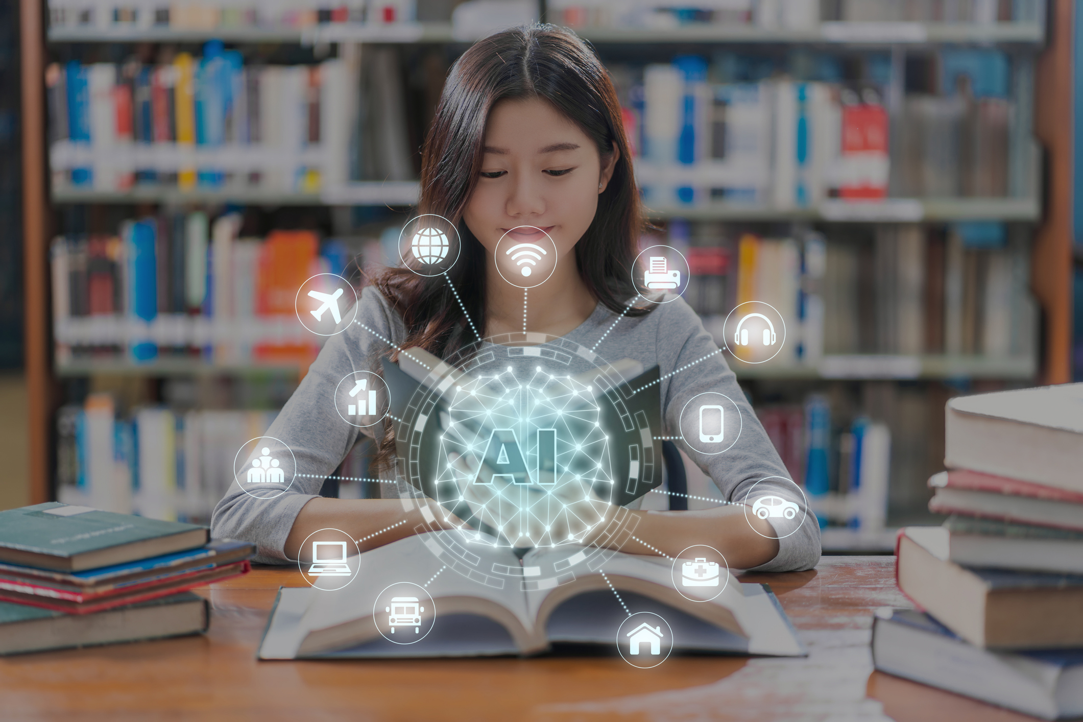 ; Polygonal brain shape of an artificial intelligence with various icons popping out of book