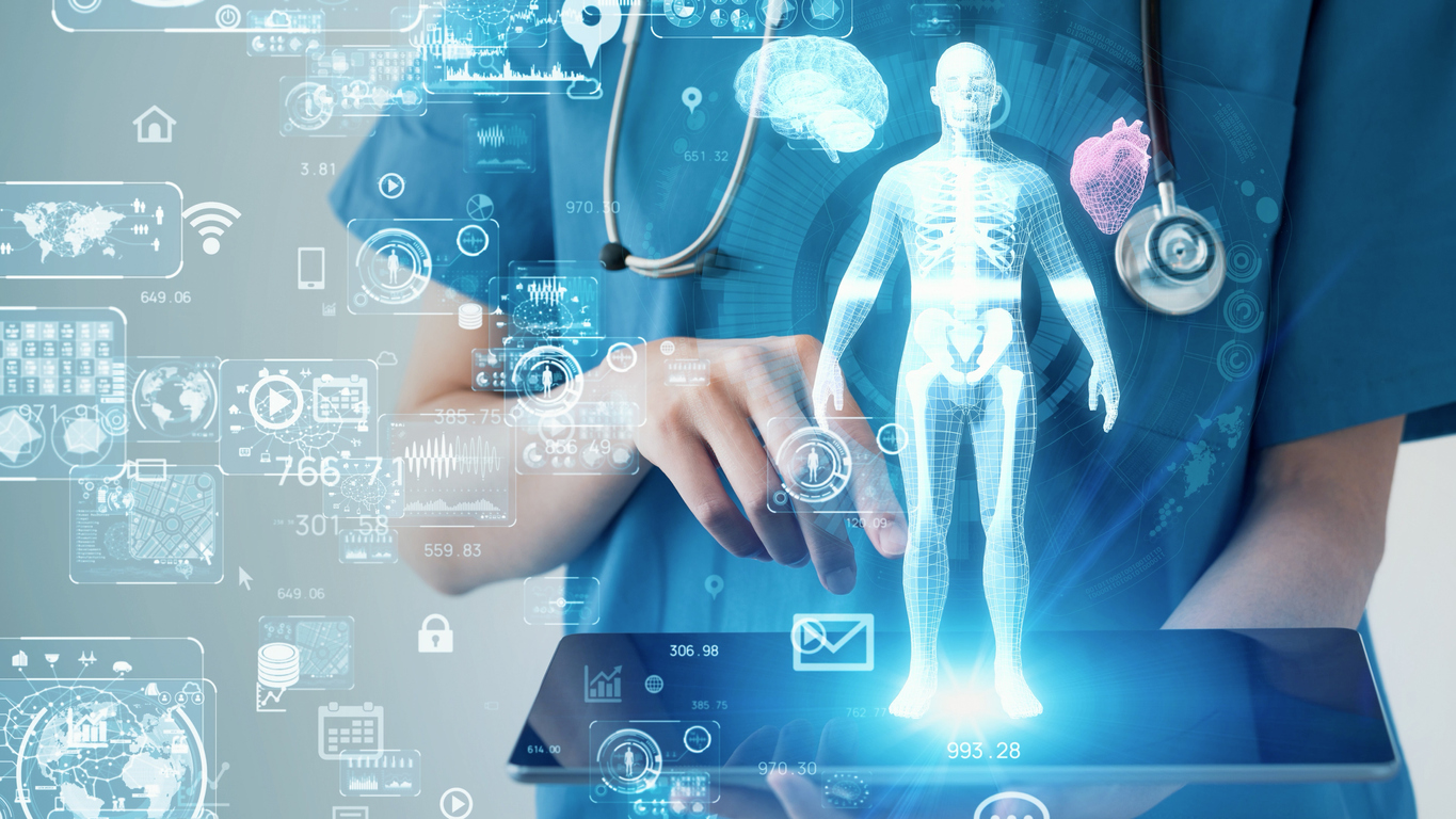 New AI Model Using Social Media Posts May Help Predict Community Deaths from Opioid Use; digital image of doctor using A.I. to analyze patient record