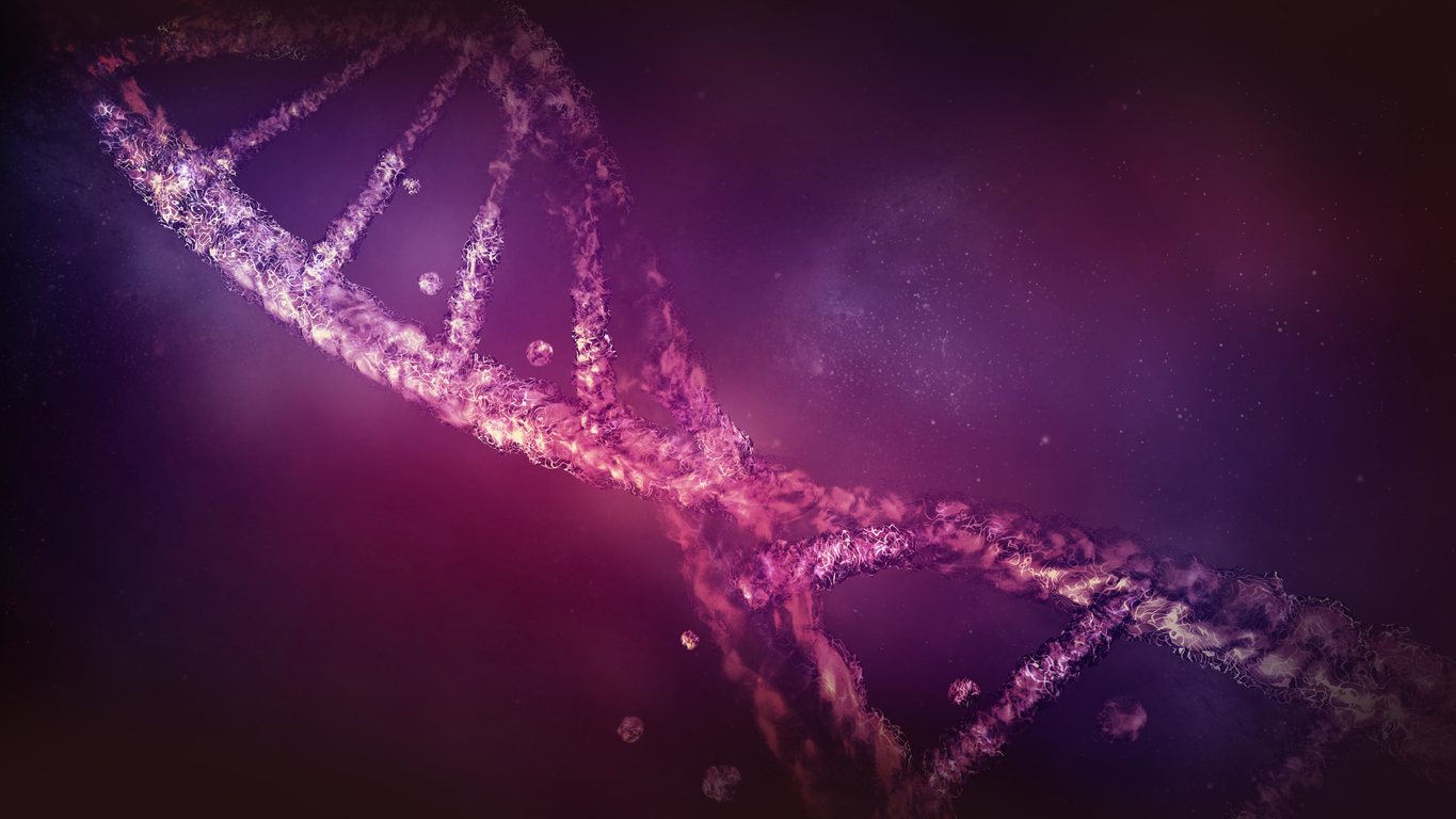 Scientists Develop Gene Silencing DNA Enzyme That Can Target a Single Molecule; Three-dimensional DNA strand in virtual space, 3D render. stock photo