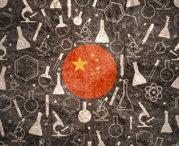 Illustration of Chinese flag and scientific laboratory instruments
