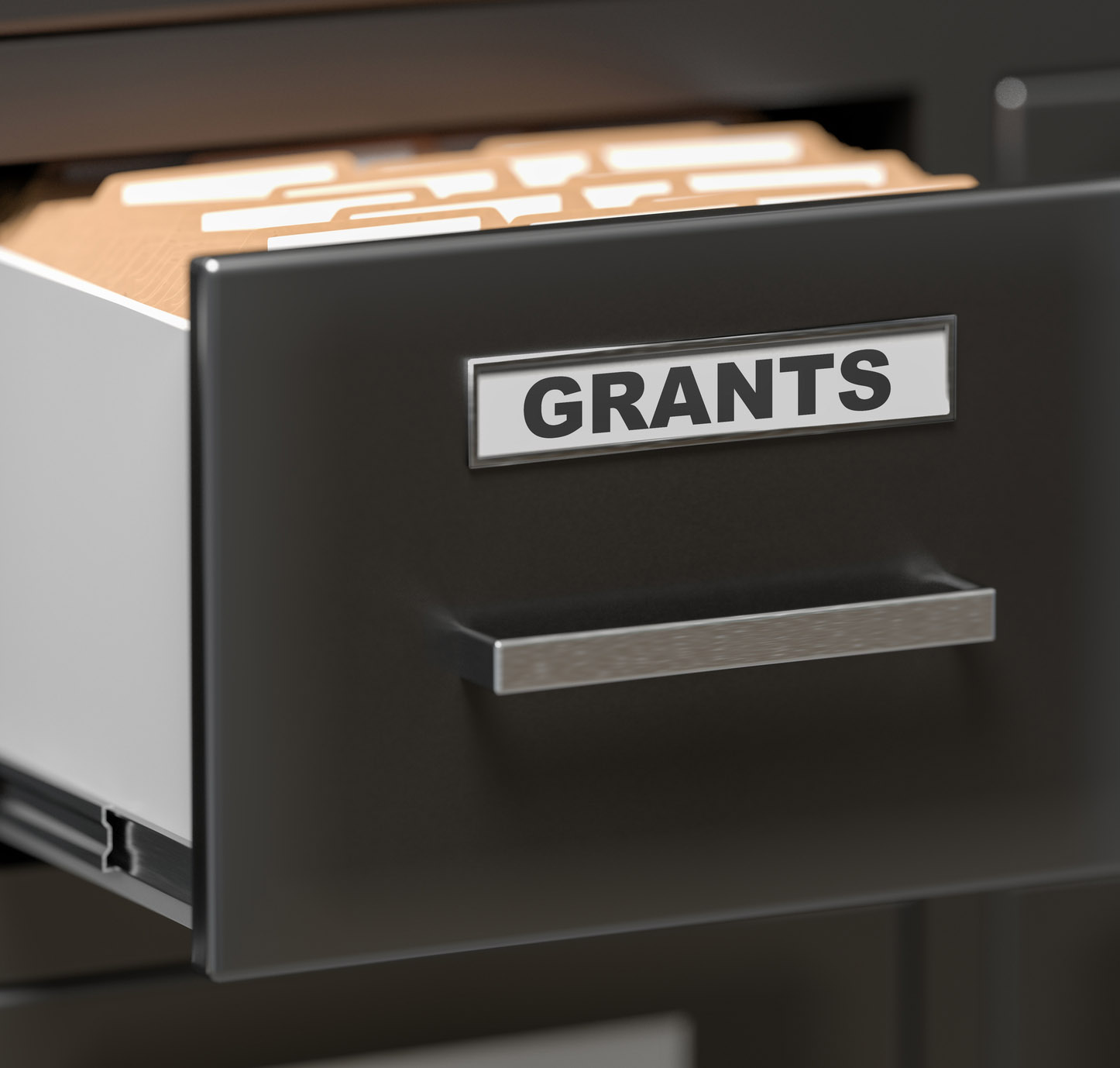 Black filing cabinet with drawer open showing grant-related files
