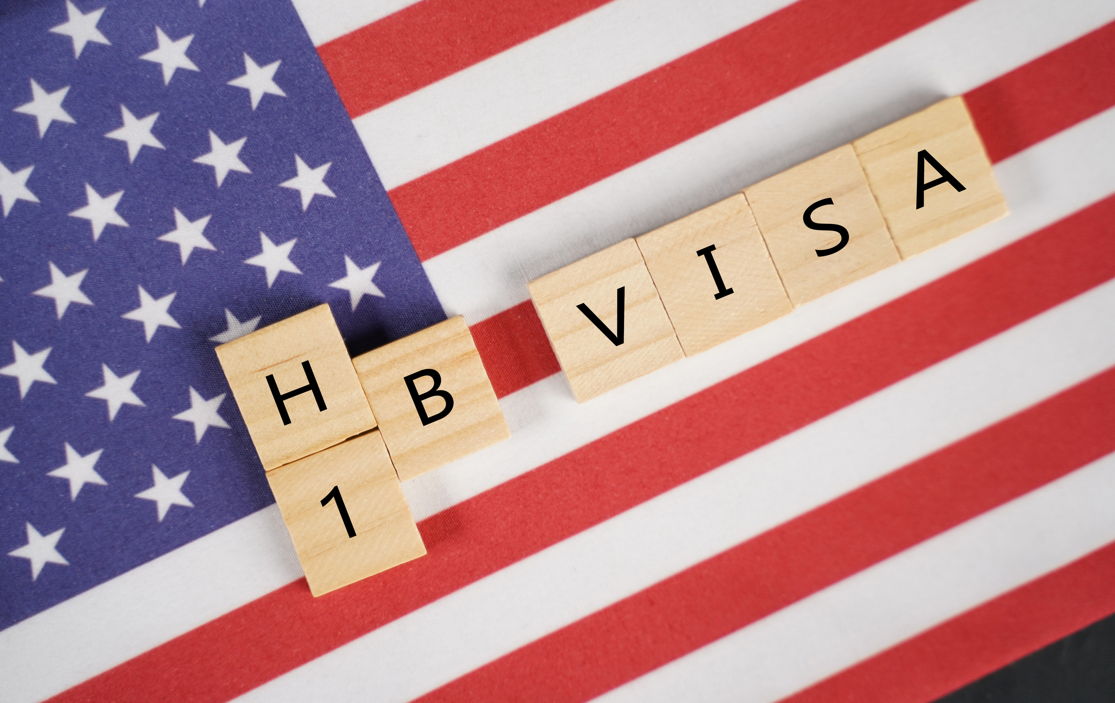 Wooden blocks spell out H1B Visa against a U.S. flag. 