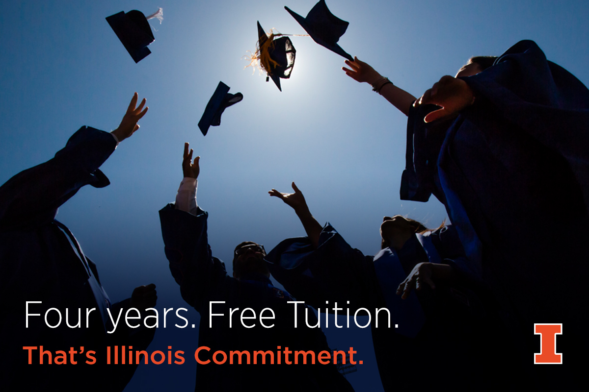 Students throwing graduation caps in the year. Text reads "Four years. Free tuition. That's Illinois Commitment."