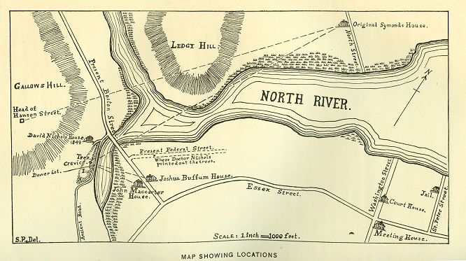 A map of Salem in 1692, drawn by historian Sidney Perley