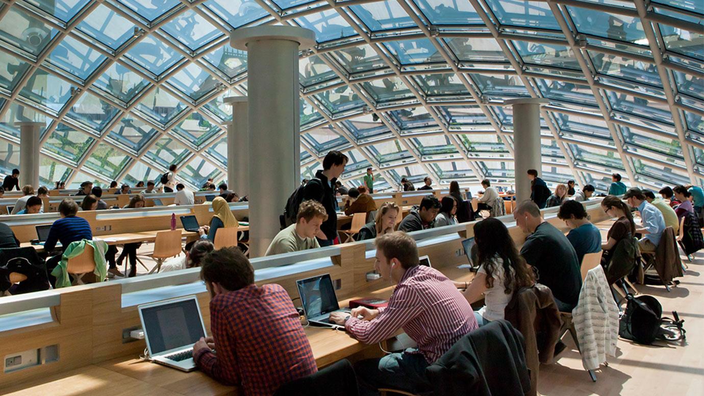 Students sitting and studying at the University of Chicago library