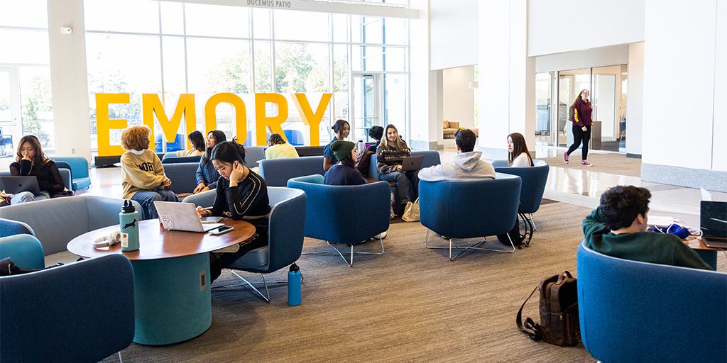 Lounge at Emory University with students meeting and studying