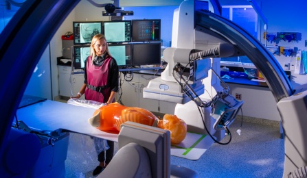 Kelsey Nicole Sommer, QAS.AI chief operating officer and doctoral student, works inside the UB Canon Stroke & Vascular Research Center.
