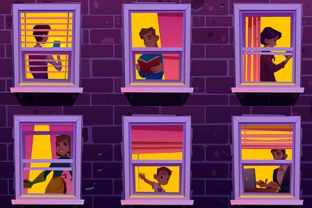 People in windows experiencing social distancing, particularly difficult for extroverts