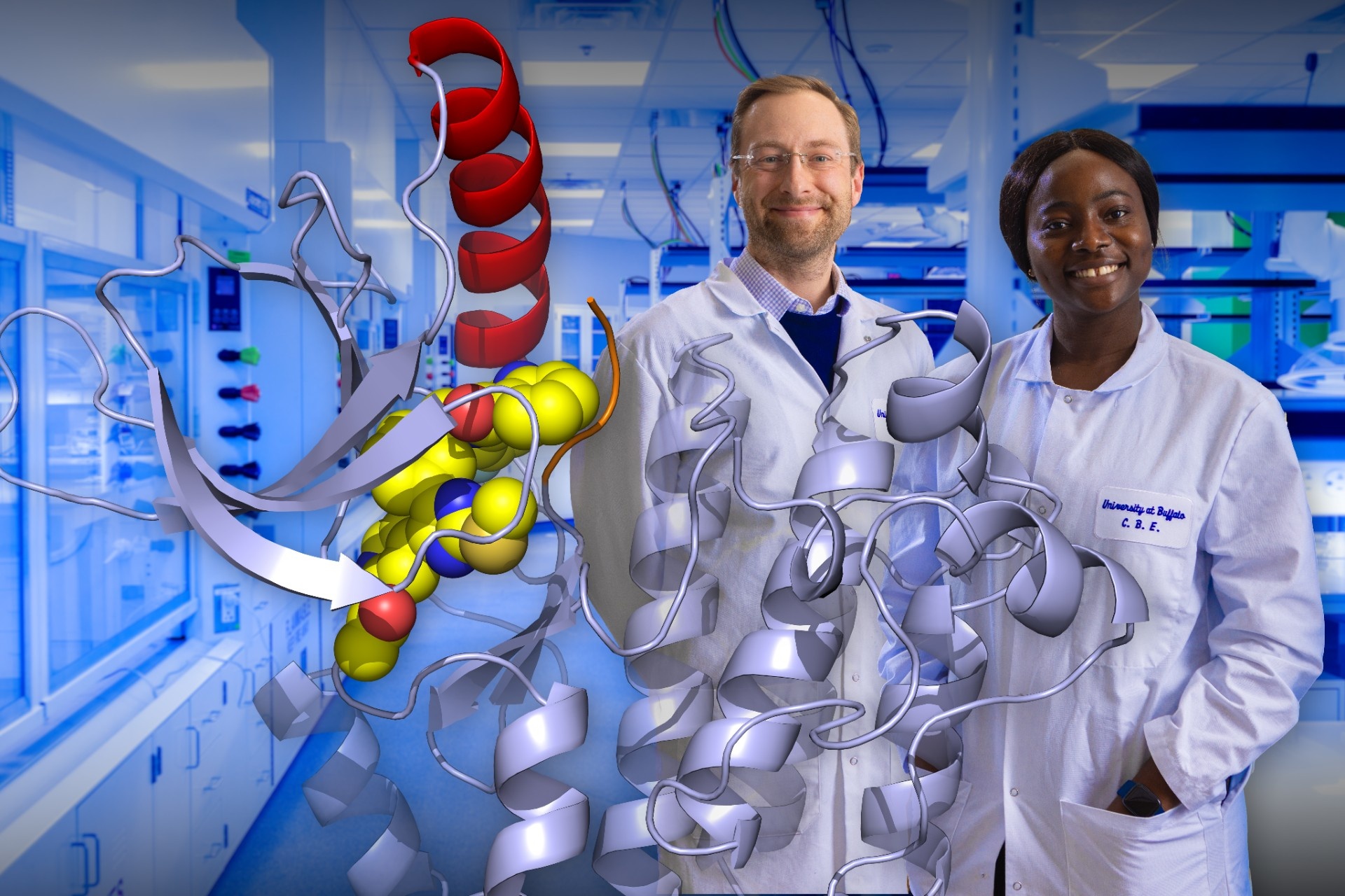 David Heppner, Jere Solo Assistant Professor of medicinal chemistry, and Blessing Ogboo, a PhD student