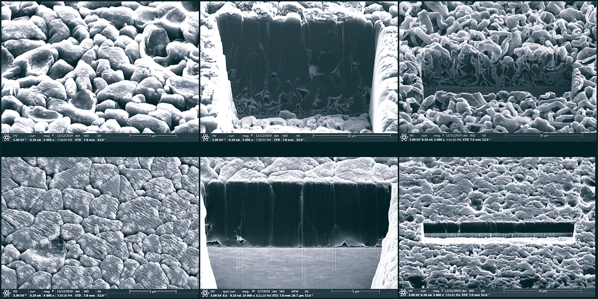 Top row: top view and cross sections of deposited lithium at 70 kilo-Pascal or kPa (less than one atmosphere) Bottom row: top view and cross sections of deposited lithium at 350 kPa, or 3.5 atmospheres The higher pressure causes the lithium particles to deposit in neatly stacked columns, which increases the volume of lithium deposited and prevents porosity.