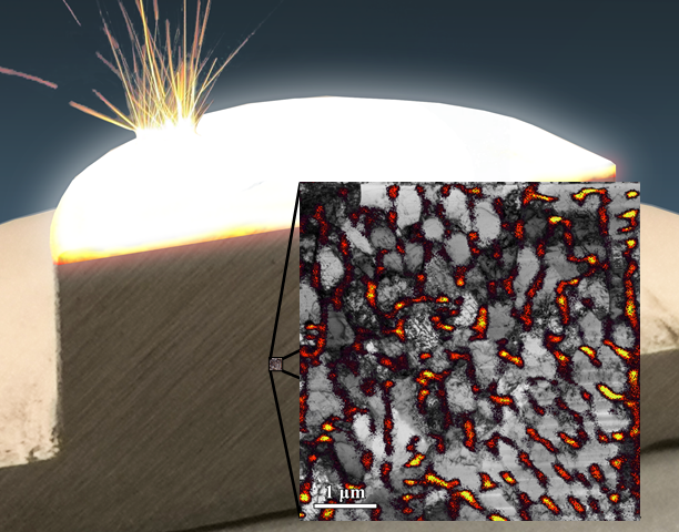 A multi-modal investigation of additively manufactured 316L stainless steel revealing a heterogeneous — and correlative — distribution of crystal defects in the bright-field transmission electron micrograph (grey-scale) and alloying elements in the superimposed X-ray fluorescence map (colored). Credit: Dr. W. Streit Cunningham and Prof. Jason Trelewicz, Stony Brook University