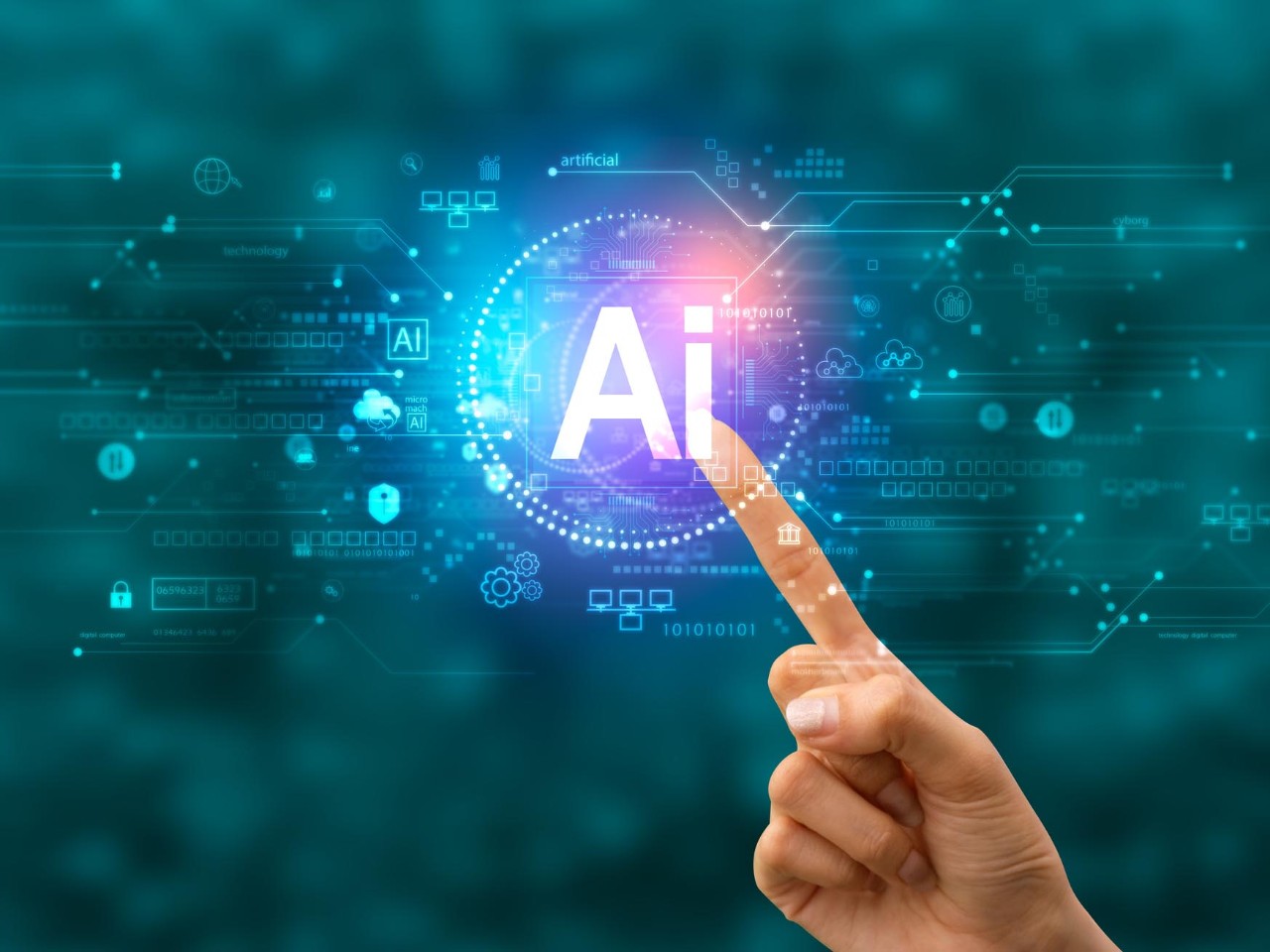 Computer-generated image of a hand pointing to a digital screen