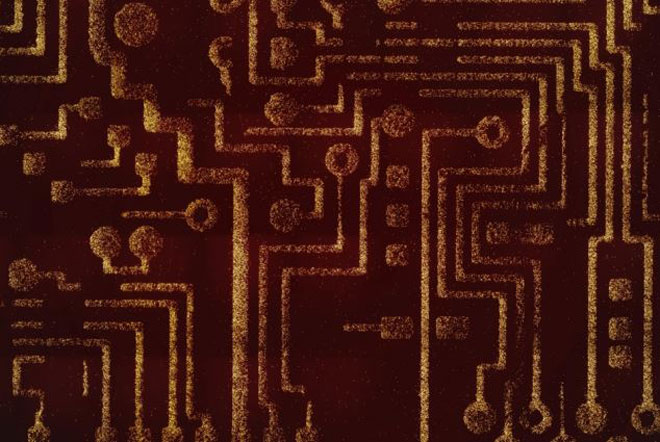 An image of a motherboard has been micropatterned using programmable probiotic bacteria. 