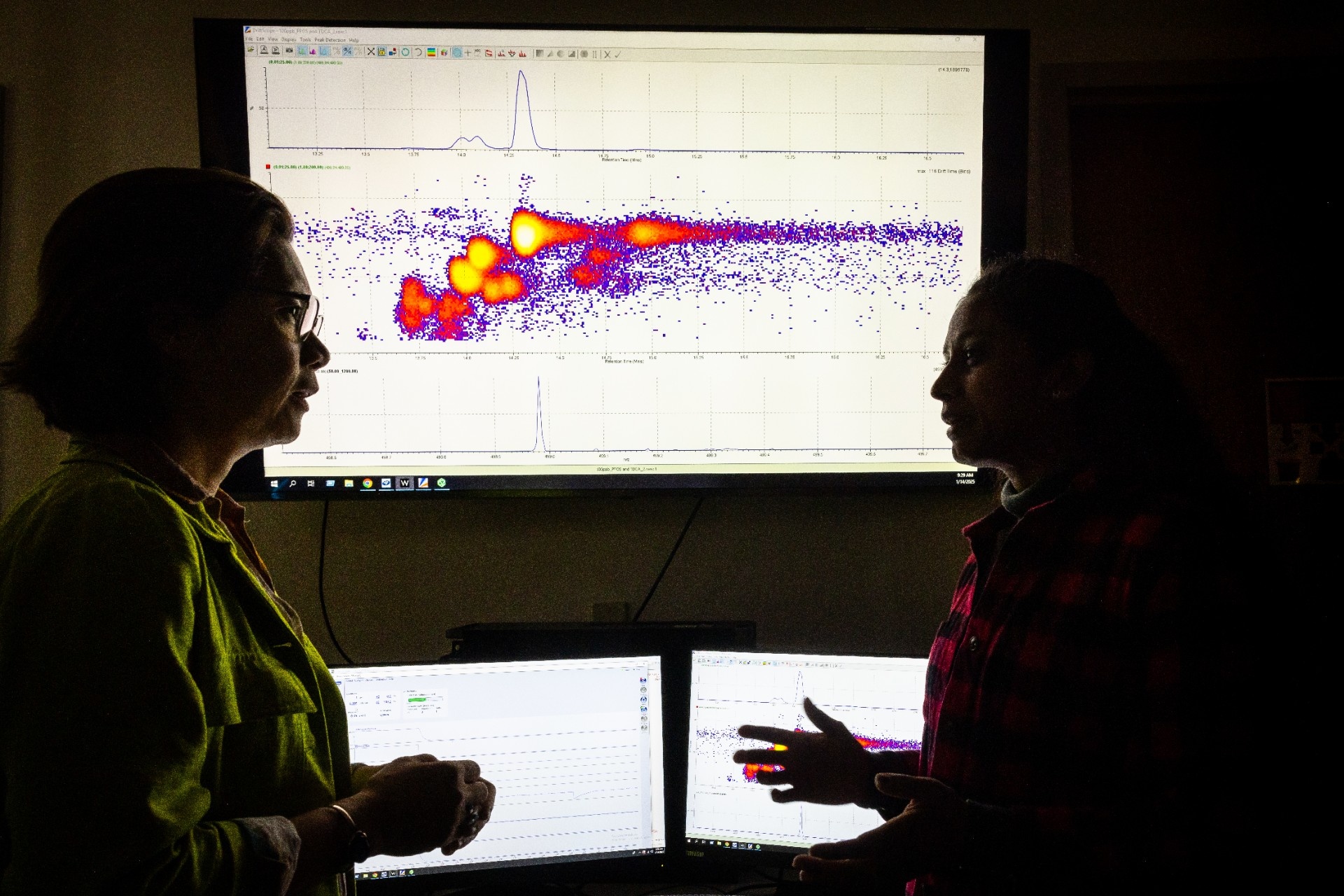 Chromatogram and an ion mobility separation analysis on screen viewed by researchers