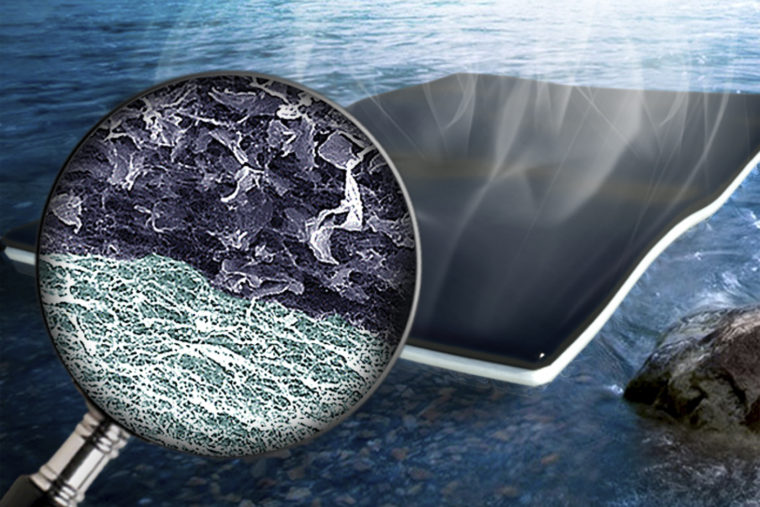 An artist's rendering of nanoparticle biofoam developed by engineers at Washington University in St. Louis. The biofoam makes it possible to clean water quickly and efficiently using nanocellulose and graphene oxide.