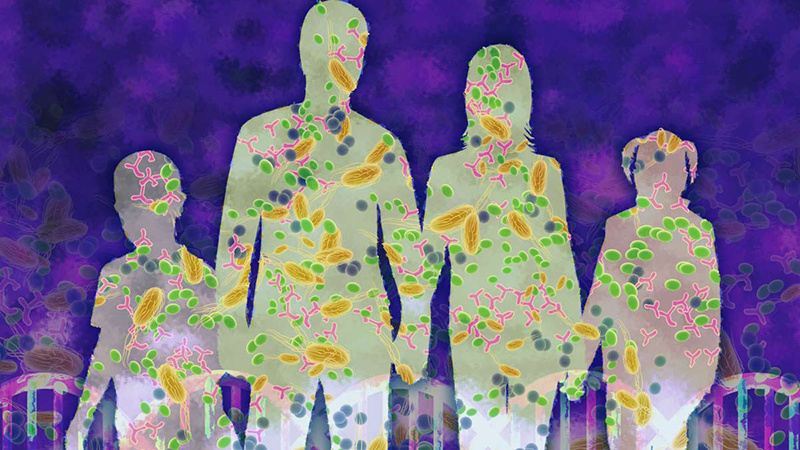 Graphic with the silhouette of two adults and two children overlapped with microbial imagery.