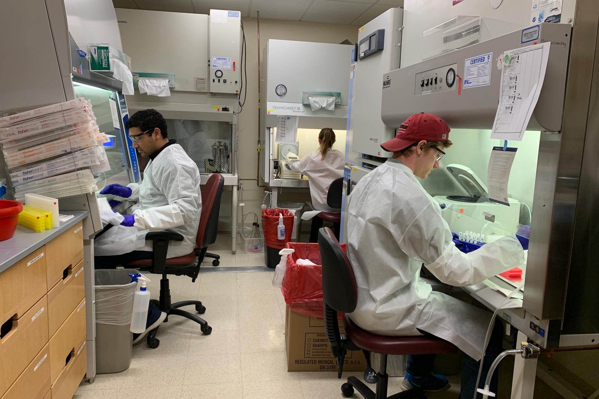 Center for Regenerative Medicine researchers Aditya Mithal (from left), Claire Burgess, and Andrew McCracken