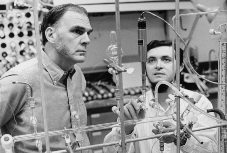 F. Sherwood Rowland (left) and Mario Molina, here in their UCI lab in the early 1970s