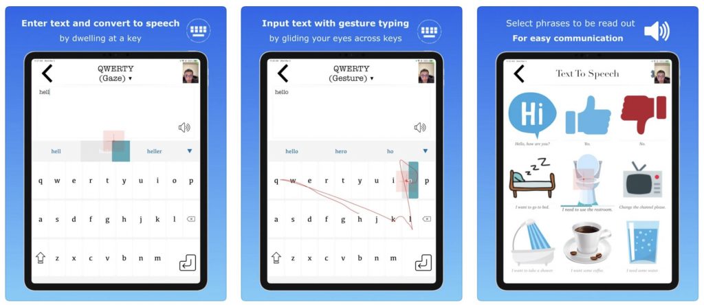 three screenshots of the eye-gaze-based app developed by Stony Brook University researchers.