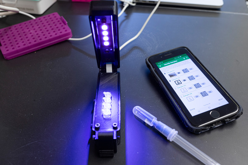 UV light next to cellphone showing test detecting COVID-19 virus genome