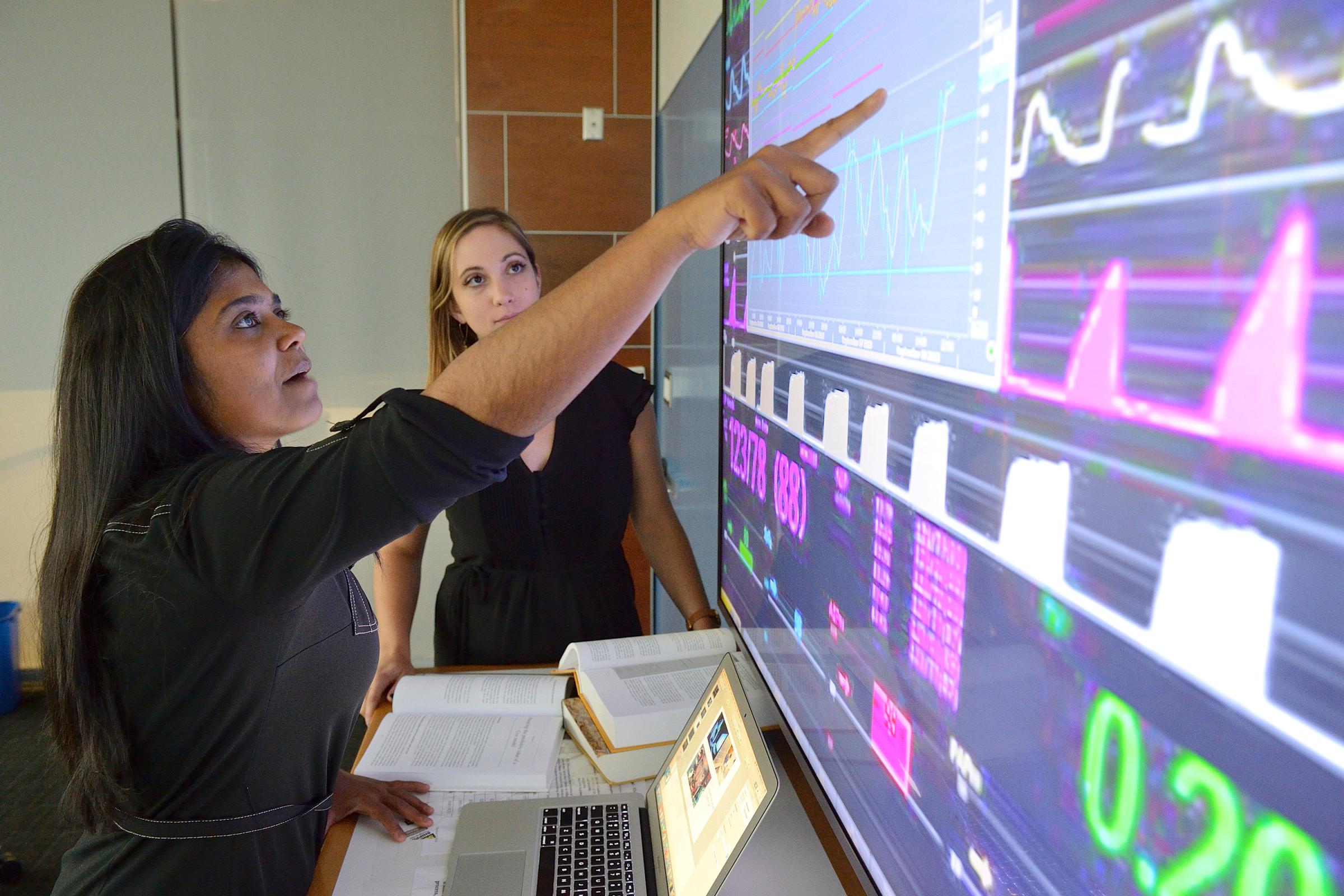 Researchers viewing large screen showing warnings