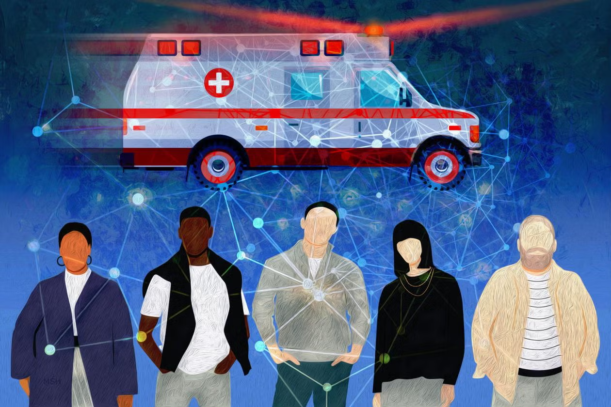 Illustration of a crowd in front of an ambulance