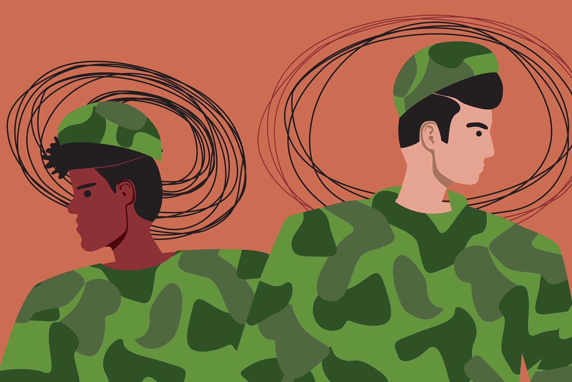 Artistic depiction of two people in the military facing away from one another
