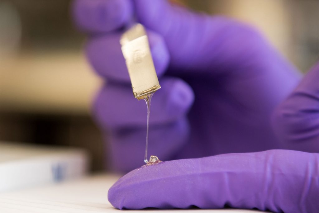 The adhesive used in the study is poured on a gloved hand.