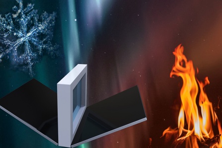 An image reflecting fire and a snowflake.