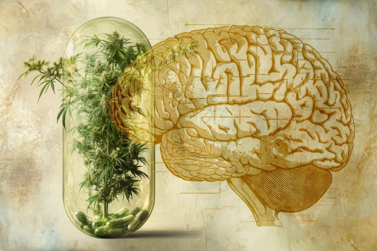 AI-generated image of a brain next to a pill capsule containing a cannabis plant