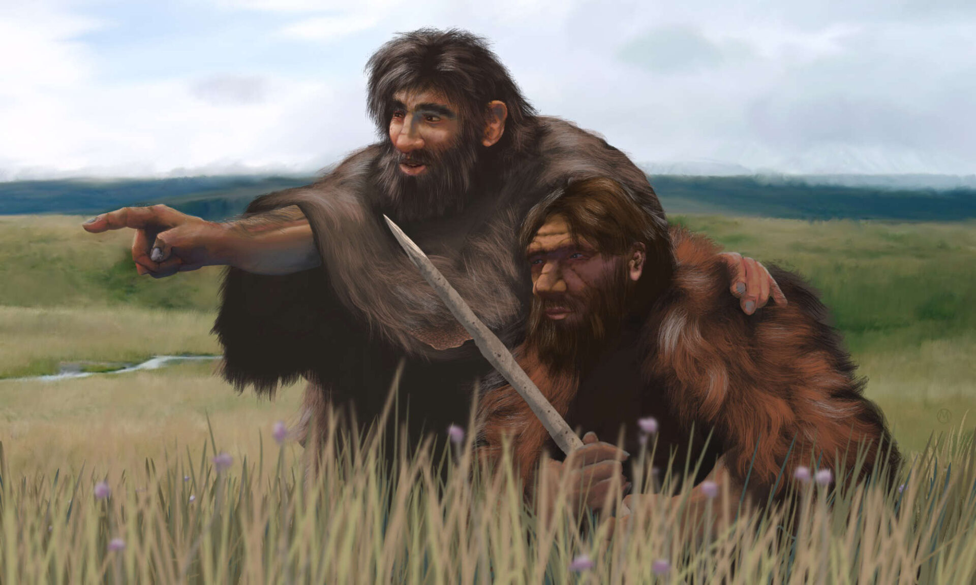 Neanderthals hunting with wooden spears in a plain