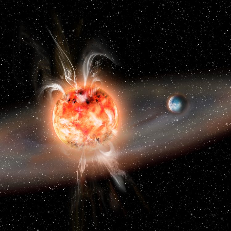 An artist's depiction of a small star with a planet orbitting it