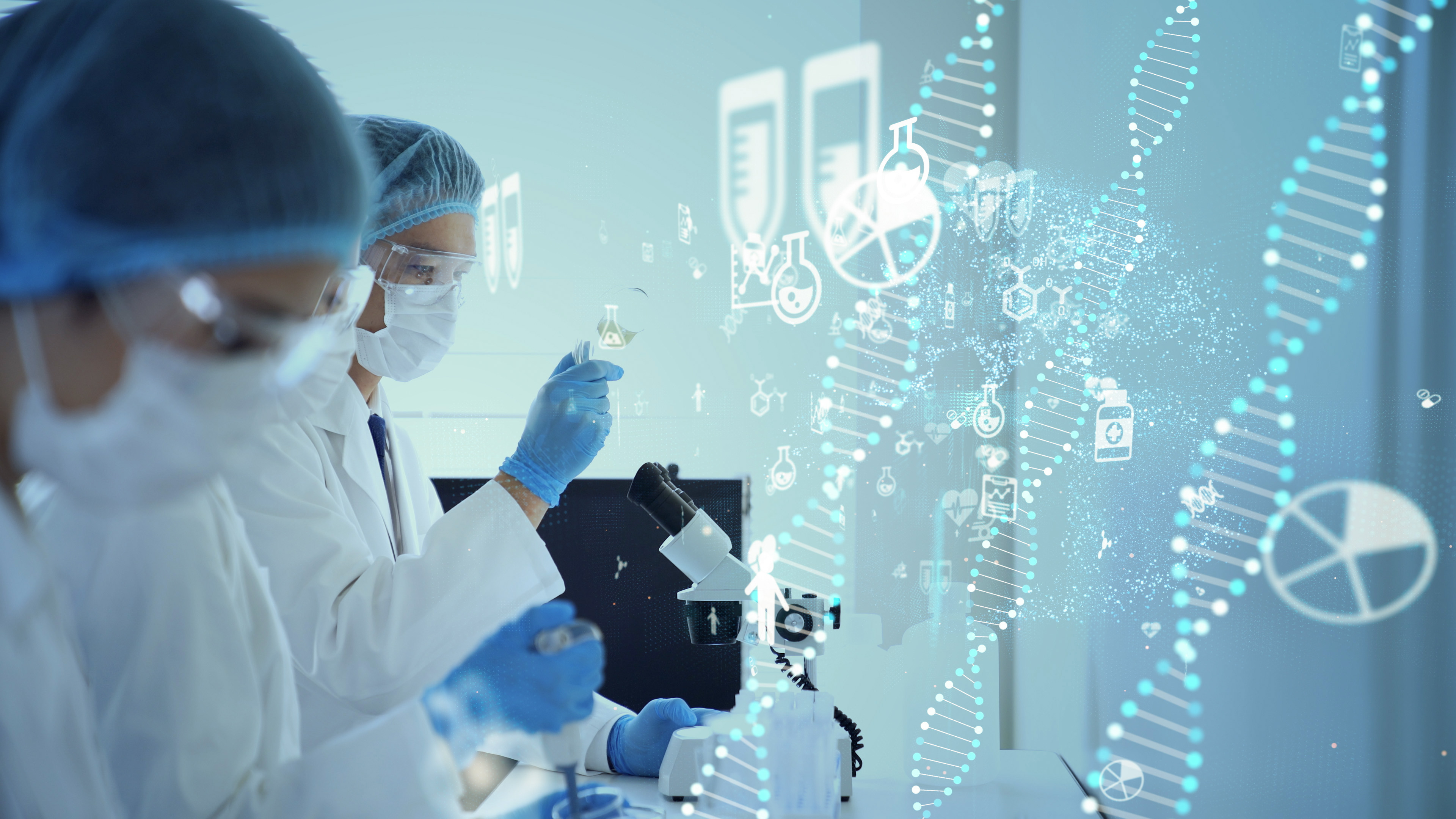 How A Common Genetic Variant Influences Your Risk of Severe Illness From COVID-19; Digital rendition of scientists conducting research.