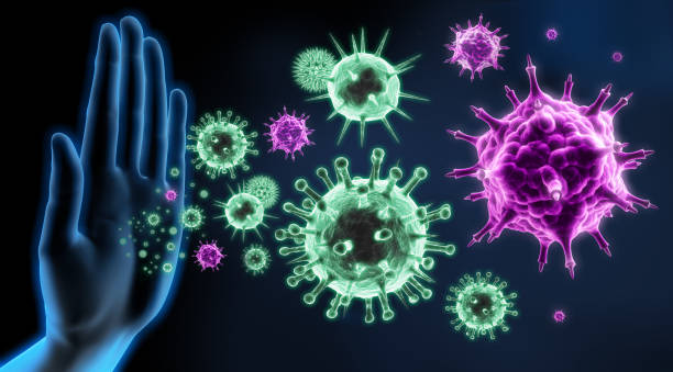 Hand blocking infectious particles, symbolizing combating drug resistance